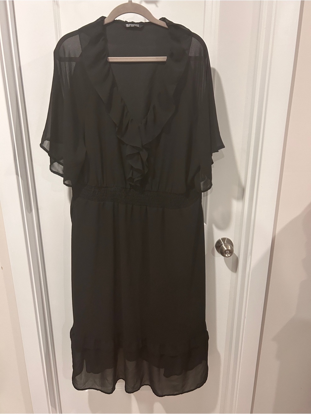 BloomChic Black Midi Dress with Ruffle V-Neck